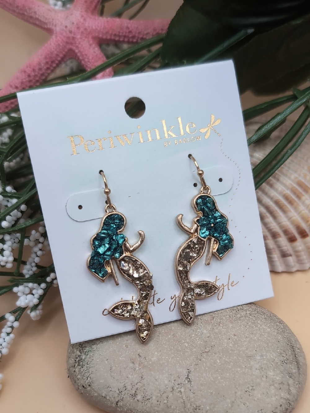 Periwinkle By Barlow Teal & Gold Sparkly Mermaid Drop Earrings NWT